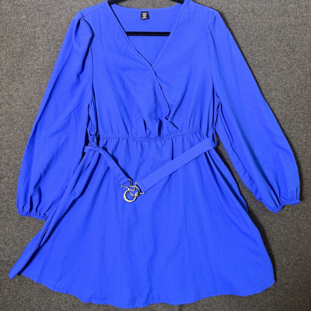 Womens 2XL Royal Blue Faux Wrap Dress V-Neck Lantern Sleeve Mini Modest Stretch